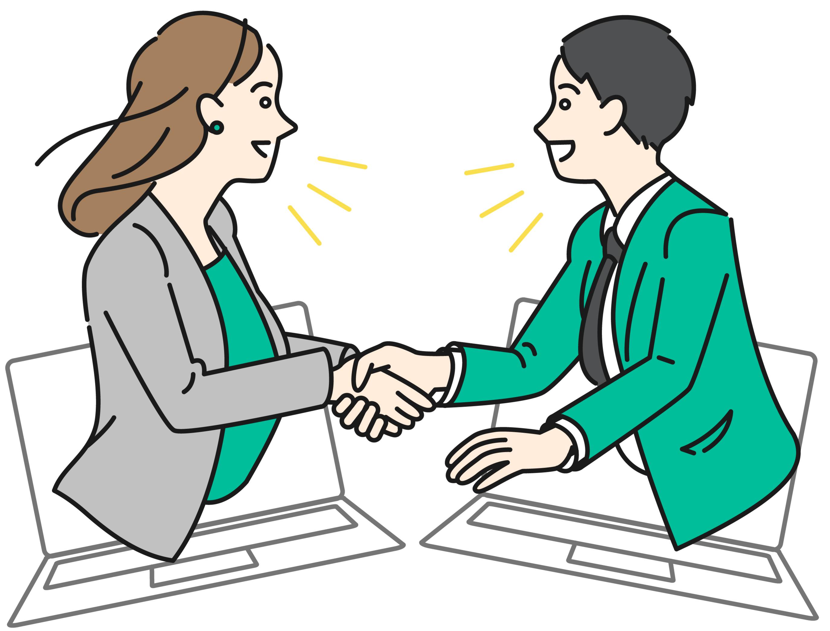 オンラインで握手するビジネスパーソンのイラスト